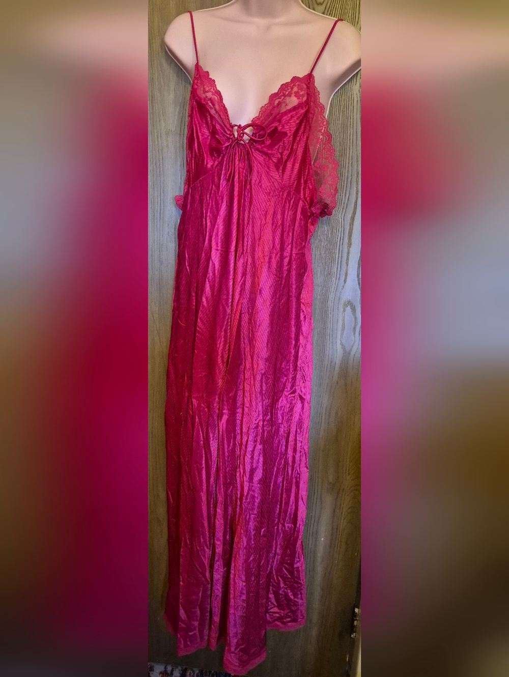 VTG Long  Hot Pink Sears Nylon  Night Gown Lingerie L Lace Bodice Union Made